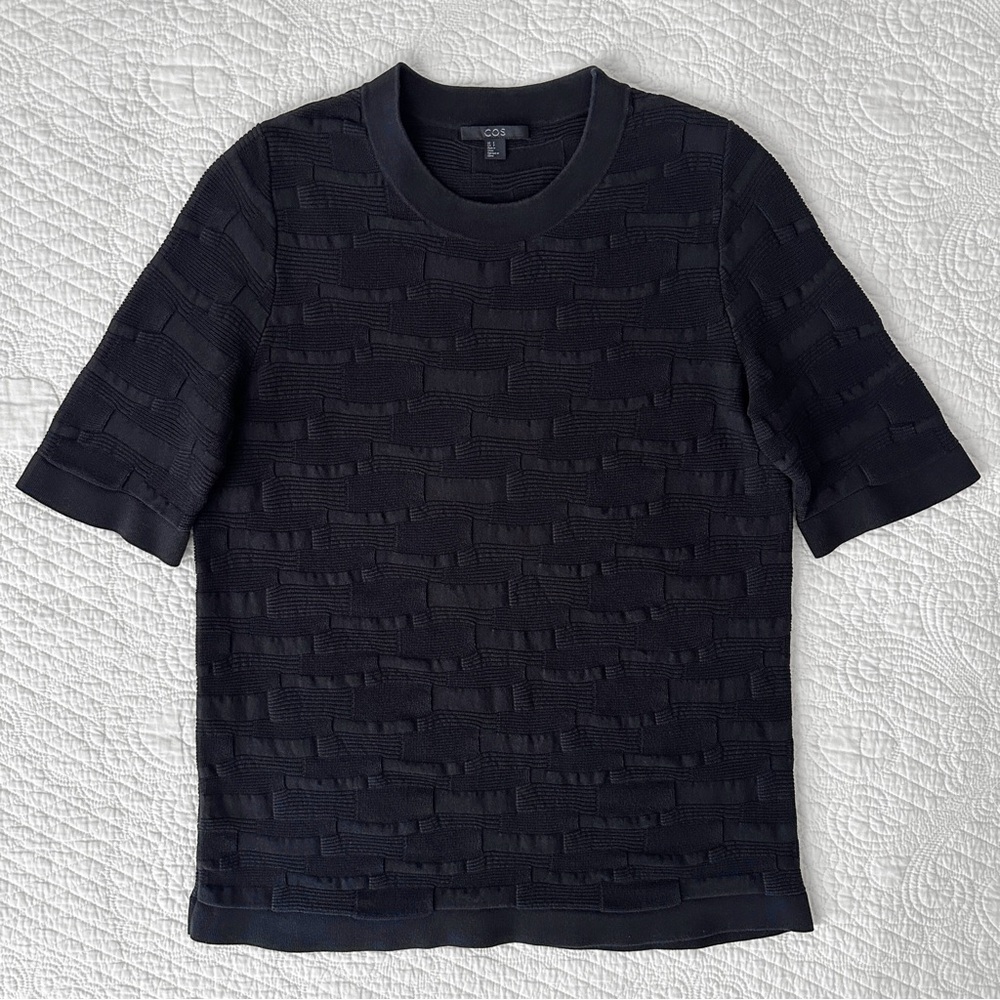 COS Black Irregular-Stitch Textured Knit Top Tee Cotton Women’s Small - Picture 3 of 13